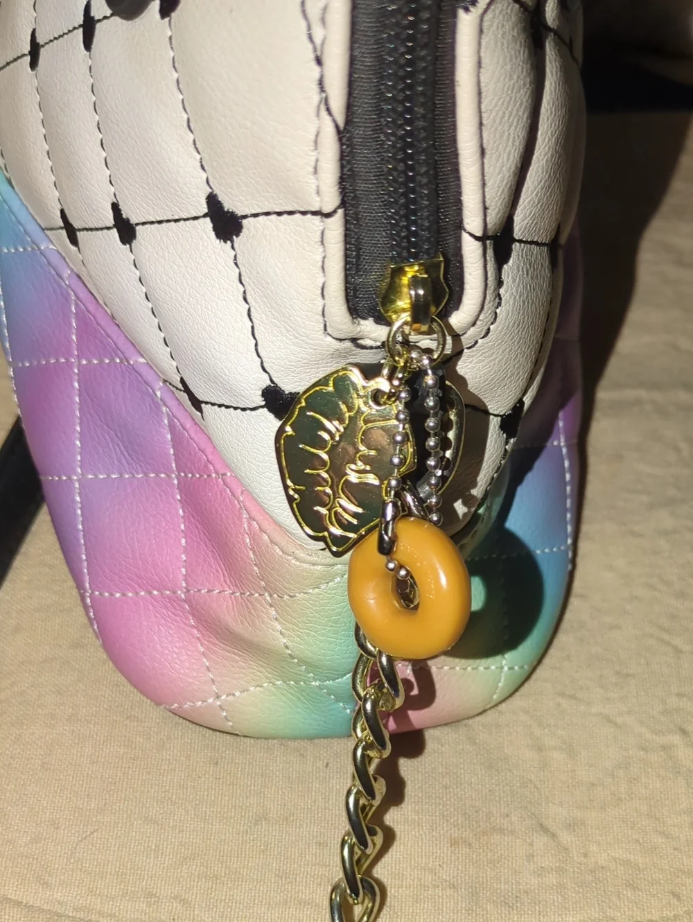 Betsey Johnson White Quilted Satchel with Pastel Rainbow Base NOW ONLY $35